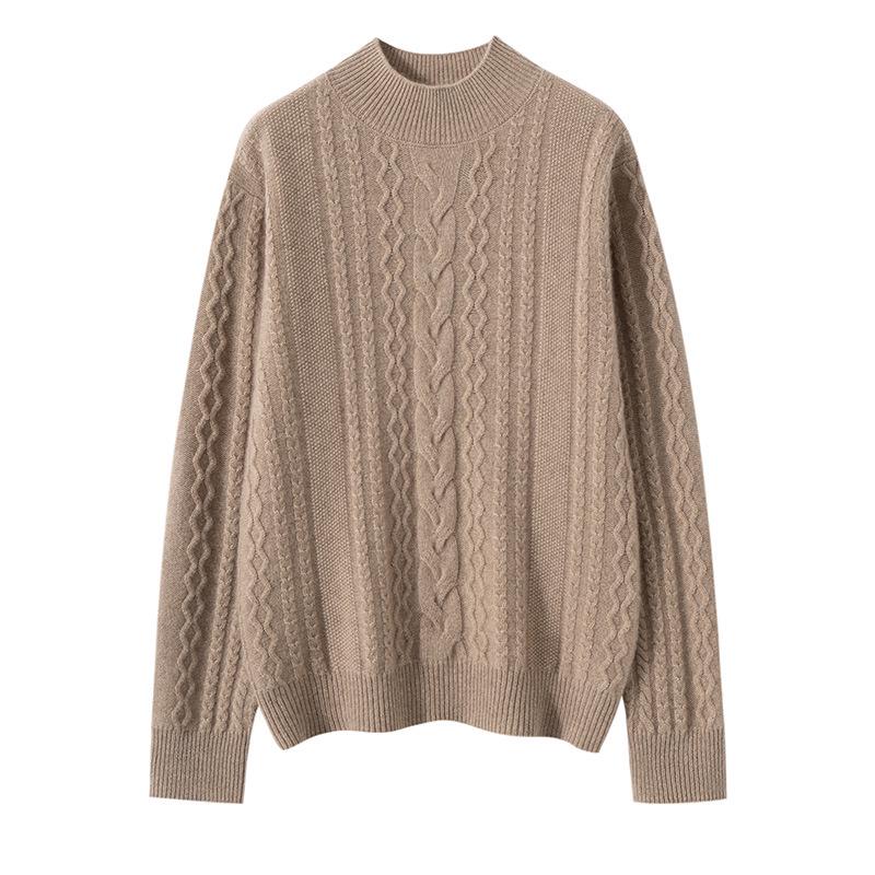 Women's Solid Color Twisted Flower Cable Knit Cashmere Sweater, Thickened Half-High Collar Slim Fit Base Layer Top