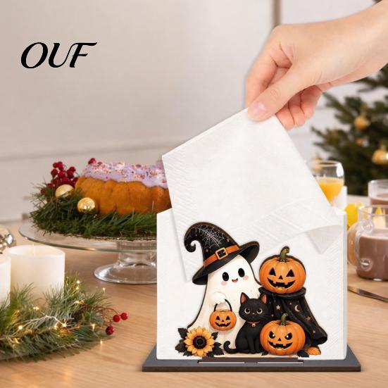 Paper Towel Stand Halloween Wooden Napkin Holder for Table, Ghost Pumpkin Black Cat Standing Holiday Dispenser, Kitchen Dining Table Dispenser