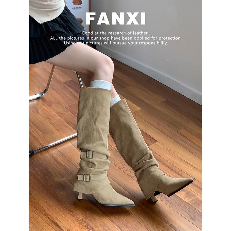 Soft leather version~ retro pointed suede belt buckle but knee trouser boots for women wear removable long stacking boots