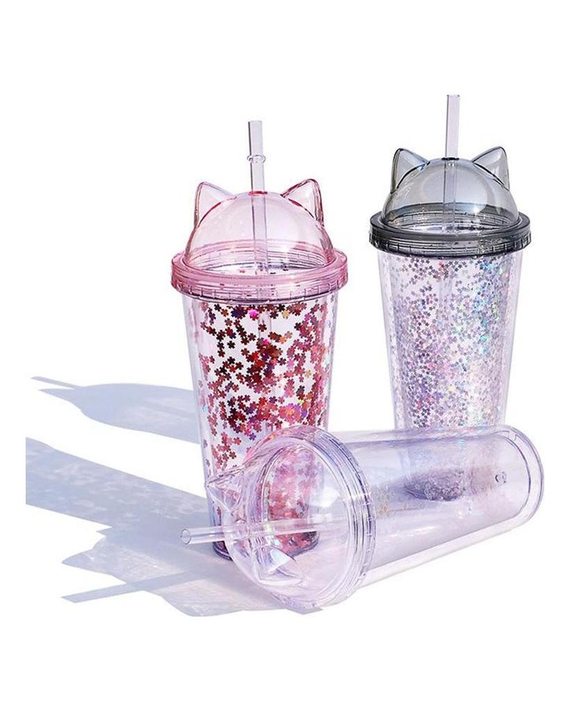 Geschenk-kundenspezifischer Becher-kreativer Plastikwasser-Becher-Strohbecher-nette Katze-Ohr-Flash-Film-Doppelschicht-Becher-Wasser-Flasche