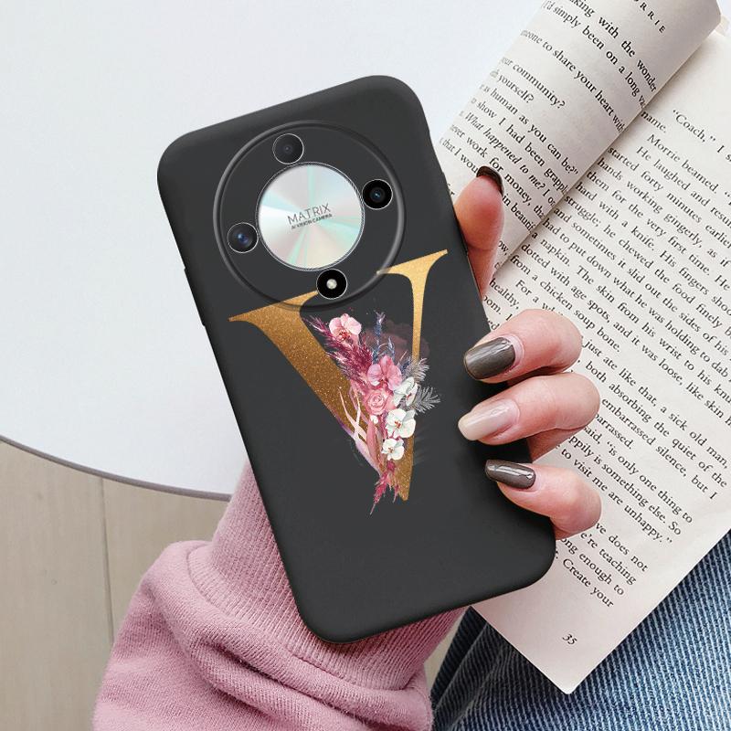 Buchstaben-Handyhülle für Honor X9b X9a Magic5 Lite Magic6 Lite 5G Hülle Retro-Blumen Rosa Schwarz Weiches TPU Initialen Silikon Fundas