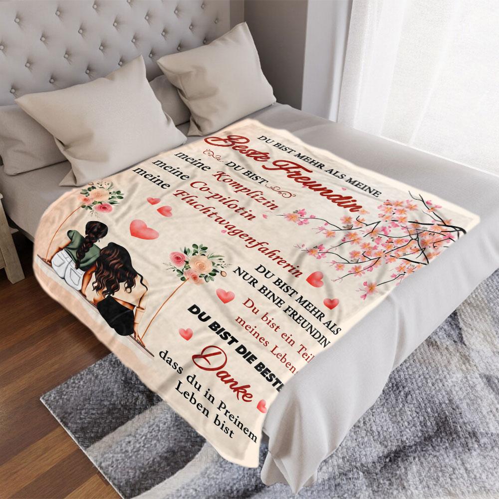 Friendship Blanket - Light peach background with German greeting 'DU BIST MEHR ALS MEINE Beste Freundin' and illustrations of tw