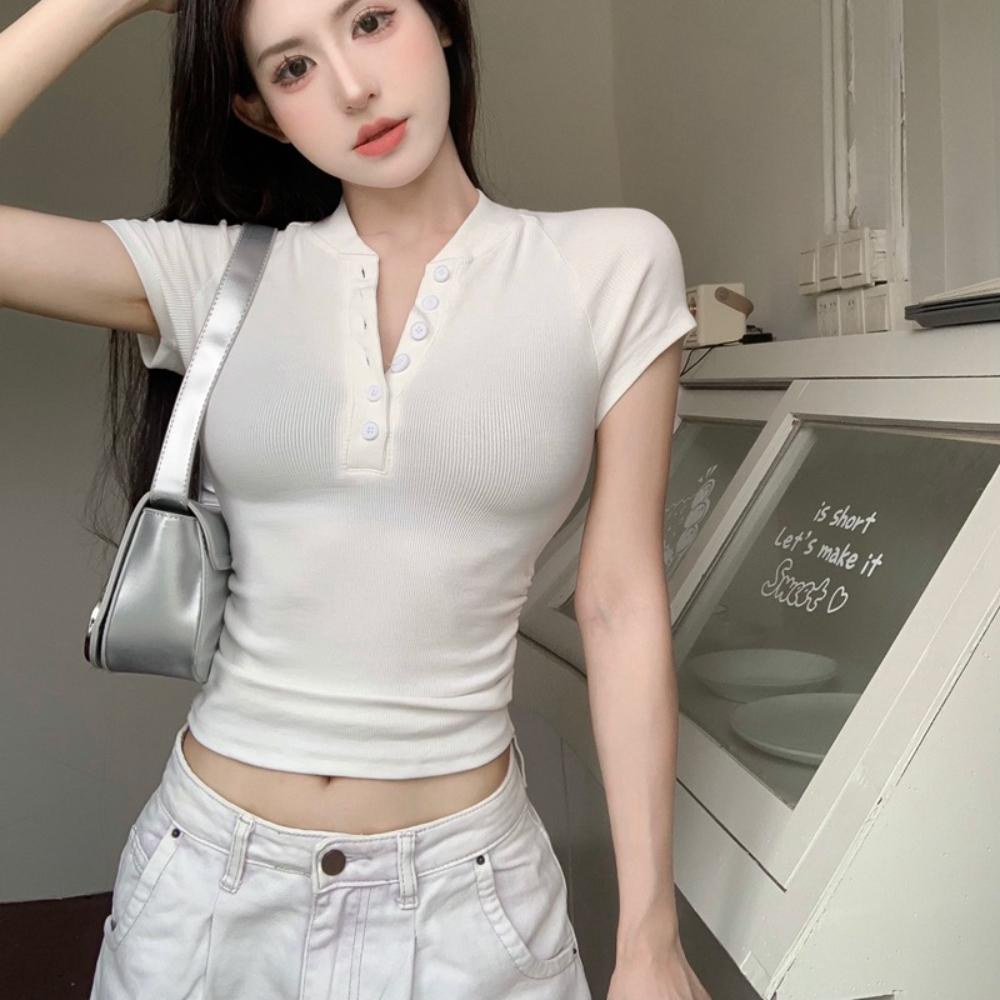 V Neck Button T Shirt Basic Short Sleeve Crop Top Women T-shirt Casual Tank Top Slim Female Crop Top Fashion Girl Tee Shirt Y2k Streetwear