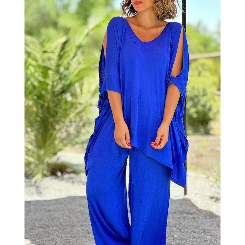 

European and American Women s Clothing Two-piece Set Women s Summer Tied V-neck Half Sleeve Loose Casual Solid Color Pants Wide Leg Suit Blue XL