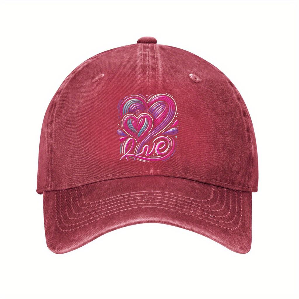 Colorful Love Heart Graphic Washed Denim Baseball Cap Unisex Cotton Casual Adjustable Outdoor Sports Hat