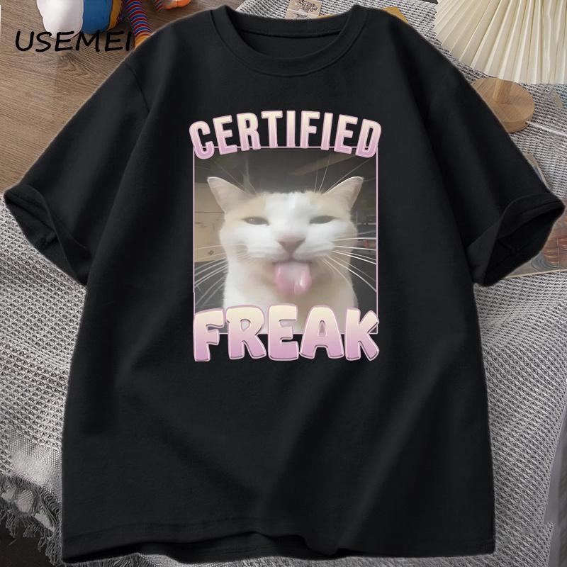 Certified Freak Funny Cat Meme T-shirt Man Short Sleeve T-shirt Men Clothes Y2k Graphic T Shirts Oversized Tees
