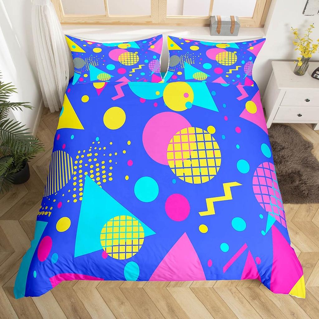 Memphis Geometric Duvet Cover Twin KingRetro Style Round Triangle Shapes Quilt Cover Colorful Graphic 80s 90S Style Bedding Set
