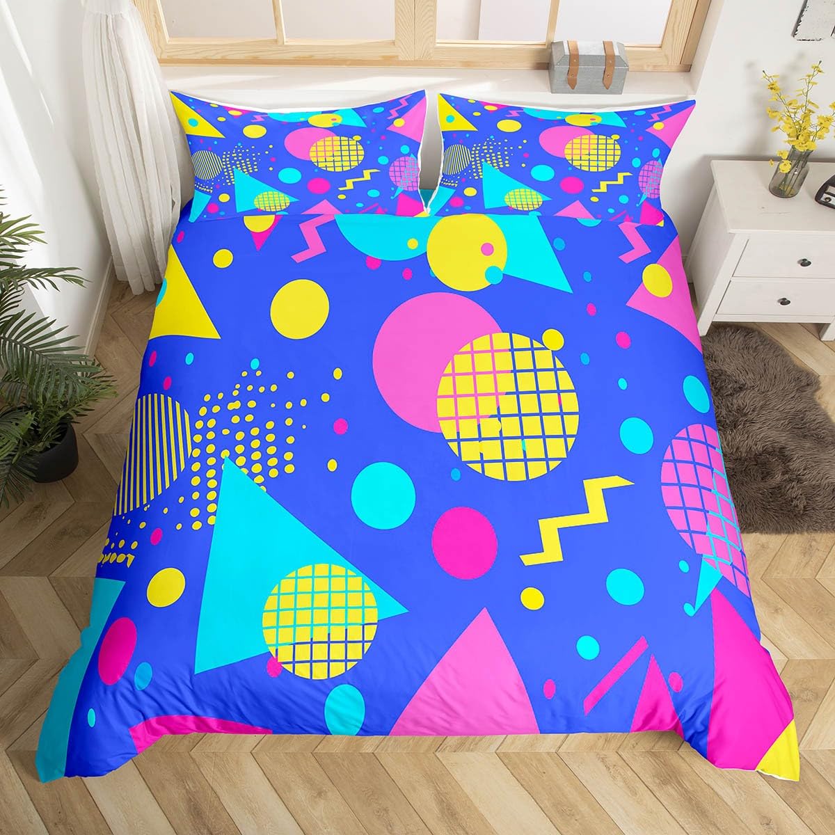 

Memphis Geometric Duvet Cover Twin King,Retro Style Round Triangle Shapes Quilt Cover Colorful Graphic 80S 90S Style Bedding Set EU Single(135x200cm)