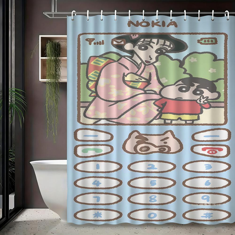 Crayon Shin-Chan & Friends Adventure On Rocks 2D Print Waterproof Shower Curtain, Blue Night Anime Bathroom Decor With Hooks