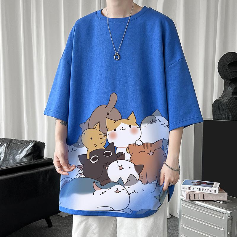Men Cute Cat Print Short Sleeve T Shirt Casual Loose Fit Summer Streetwear Top