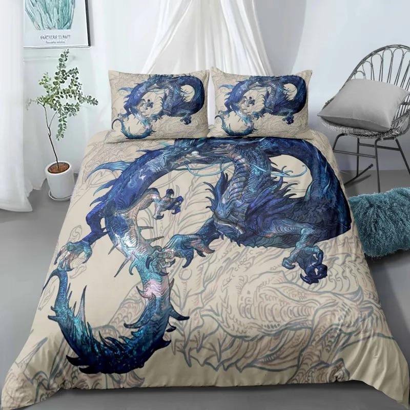 Comforter Dragon King Queen Japanese Exotic Bedding Set Ancient Mythical Animal Comforter 2/3Pcs Polyester