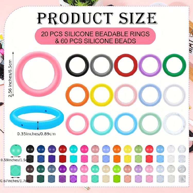91pcs  Silicone Rings and Beads Personalize Keyring Decorations O Shaped Rings