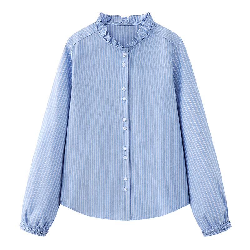 Elegant 2026 Spring Korean-Style Fleece-Lined Ruffled Lace Minimalist Shirt Large синий