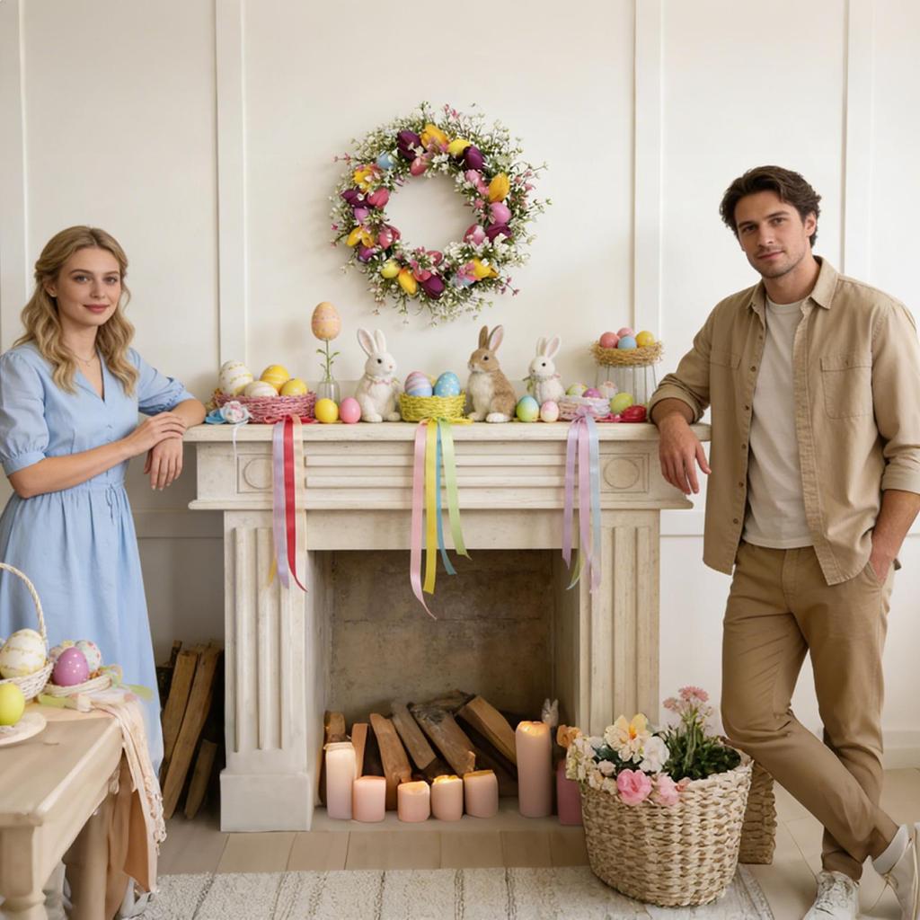 Easter Door Wreath 17inch Funny Artificial Spring Flower Easter Eggs Front Door Wreath for Home Entryway Wall Porch Yard Patio