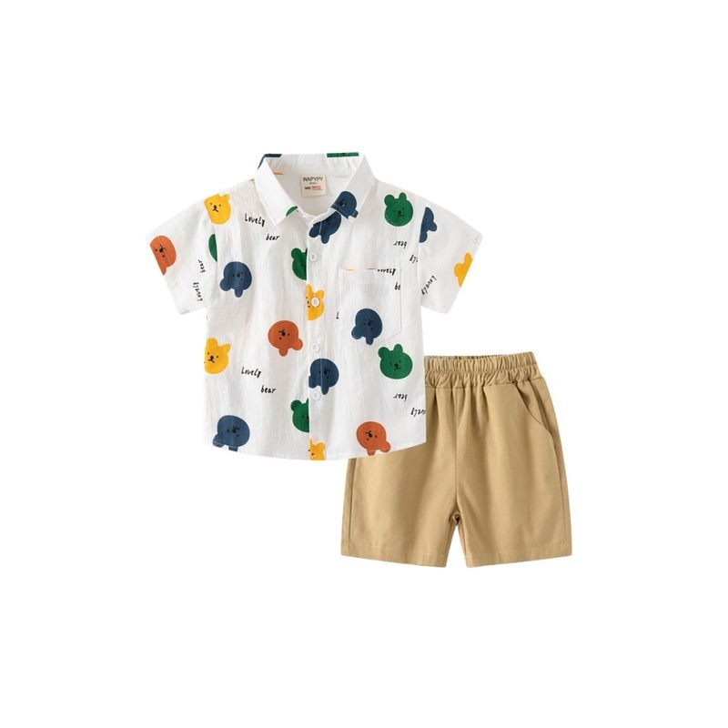 Children's Clothing Summer Boys' Bear Lapel Shirt Baby Polo Shirt Short Sleeve Shorts Suit Children's Shirt Cropped Pants