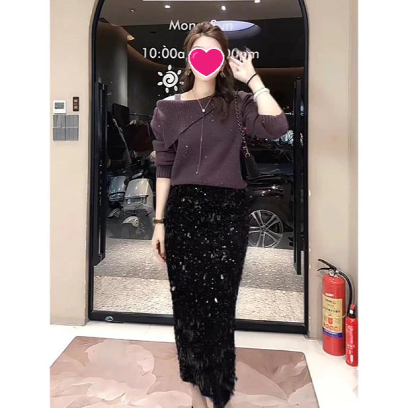 

Hong Kong Style Off-Shoulder Knit Top & Sequin Skirt - Chic Slimming Spring/Autumn 2026 Collection 2XL (125-140 lbs)