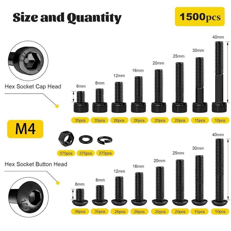 ABYN-1500PCS Screws With Nuts Assortment Kit, Hex Socket Button & Cap Head Bolts Nut And Washers Set For 3D Printer