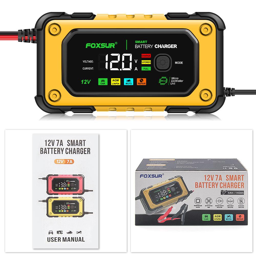 FOXSUR 12V 7A FBC1207E Universal Repair Car Battery Charger Intelligent Repair Motorcycle Charger for Lead Acid LiFePO4 Battery