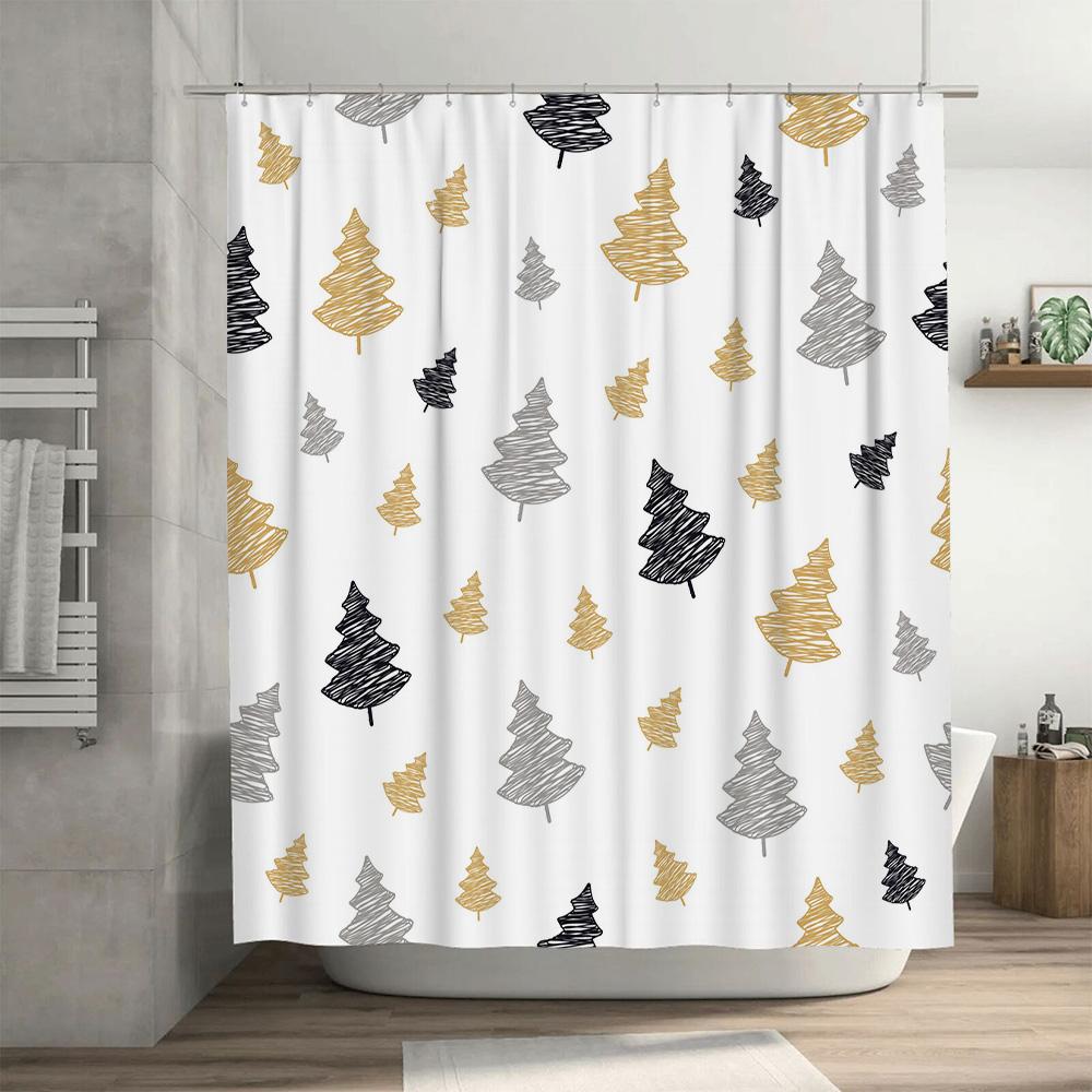 Modern Christmas Tree Shower Curtain Black Gold Festive Design for Bathroom Decor Waterproof Fabric Available in Various Sizes o