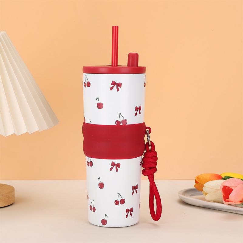 710Ml Large Capacity Car Thermos Mug Stainless Steel Vacuum Flask With Retractable Straw Leak-Proof Coffee Tea Cold Drink Bottle