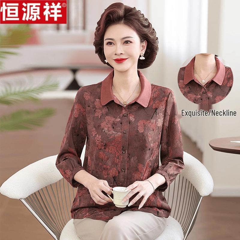 Hengyuanxiang Women's Floral Print 3/4 Sleeve Lapel Shirt