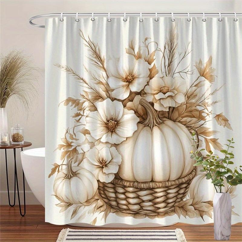 

1Pc Tan Pumpkin And Peony Pattern Shower Curtain, Polyester Fabric, Machine Washable, Suitable For Bathroom Decoration W60H190(CM)-1 Pcs
