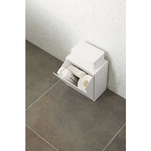 Yamazaki Wall-Mounted Toilet Pot & Storage Case, White, Approximately 8.7" W X 5.5" D X 9.2" H, Tower-Style Flap-Style Storage Box for Small Items, In