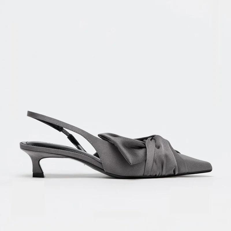 Fashion Elegant Gray Kitten Heel Slingback Strap Pumps Women Sexy Pointed Toe Satin Knot Heeled Sandals Fashion Office Designer Shoes