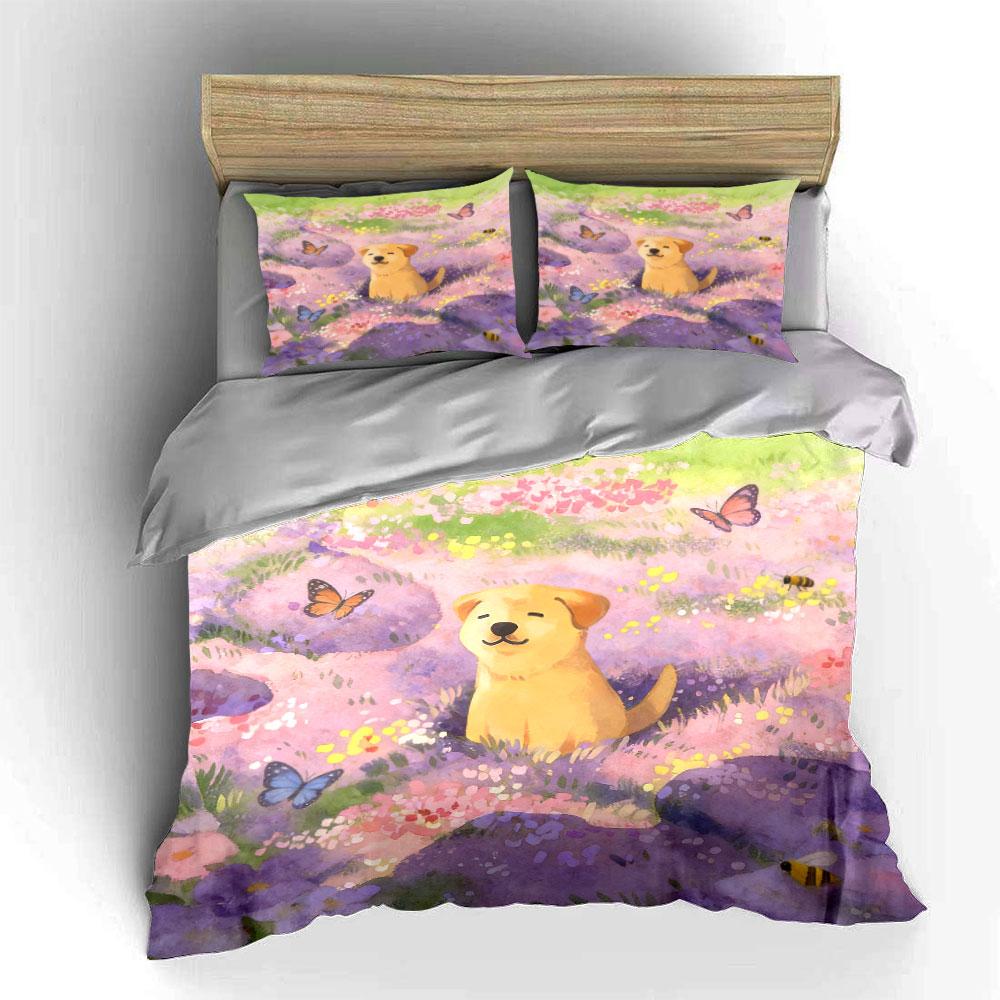 Dog-Themed Spring Field Decor Soft Comfortable Duvet Cover Bedding Set Included 1*Duvet Cover & 2*Pillowcases, Gift