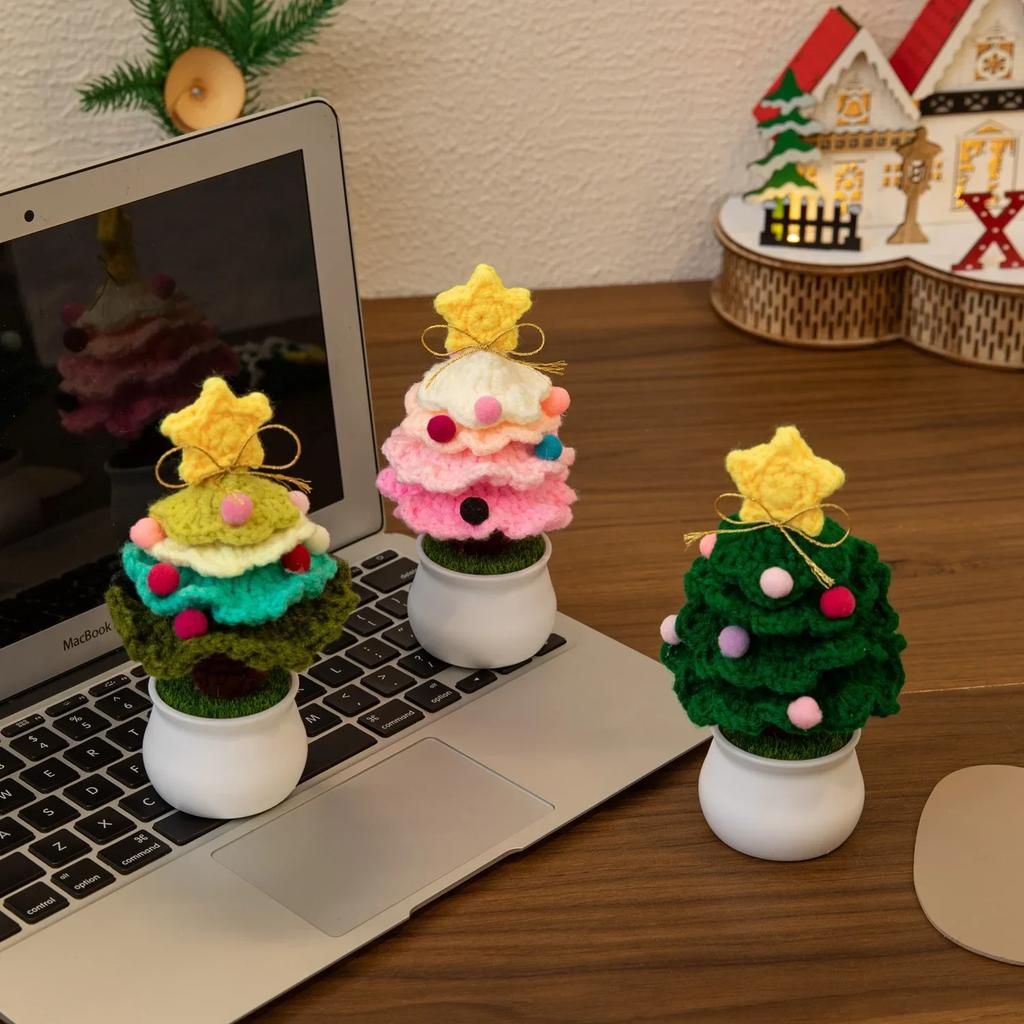 Mini Crochet Christmas Tree Potted Christmas Accessories Creative Handmade Plant Car Table Decor