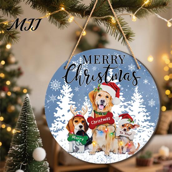Waterproof Holiday Porch Sign Christmas Hanging Sign, Round Wooden Welcome Cute Dog Gingerbread Front Door Man for Wall Decor