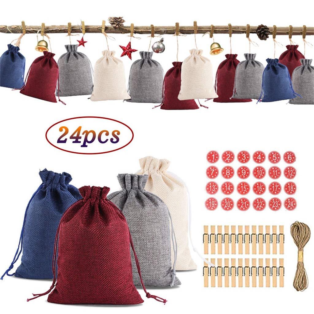 24PCS Christmas Themed Printed Linen Candy Bags Christmas Pattern Candy Bag Advent Calendar Bundle Cotton Linen Gift Bag