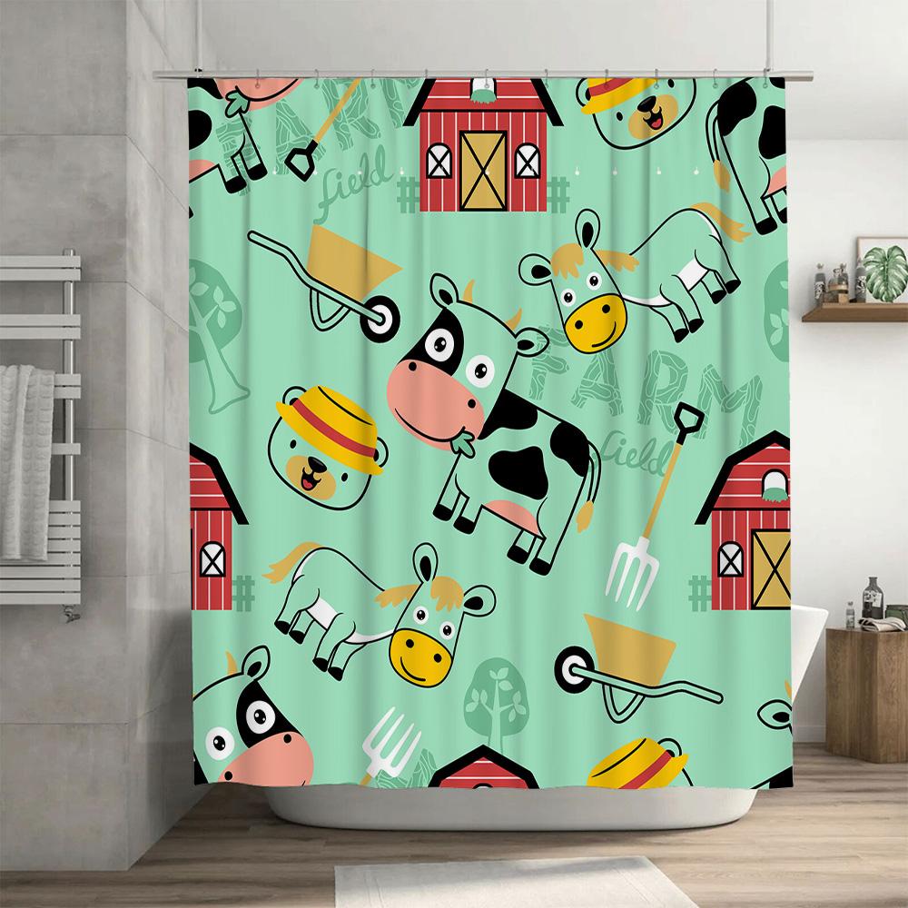 Duschvorhang mit Bauernhoftierdruck Badezimmerdeko Heimtextil Wasserdichter Stoff Blau Grün Gelb Kuh Pferd Roter Scheunenstil