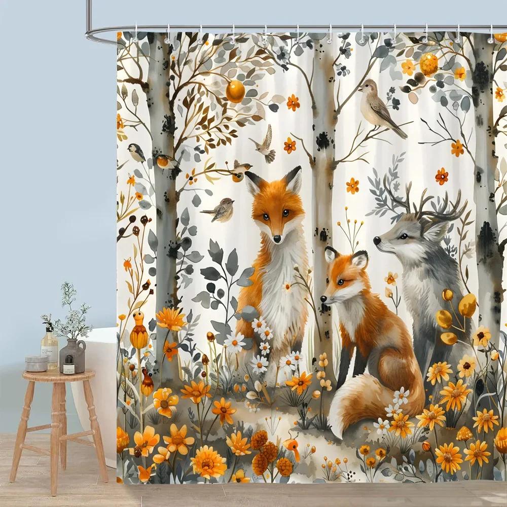 Cute Forest Animals Shower Curtain Winter Snow Fox Red Bird Deer Bear Rabbit Polyester Shower Curtains Bathroom Decor with Hooks