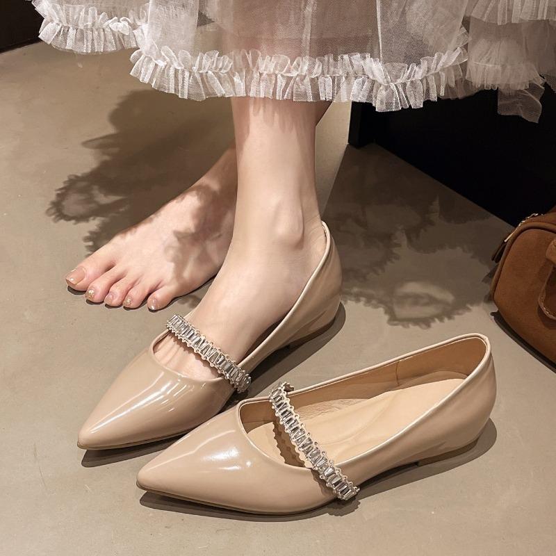 2025 Crystal Ankle Band Mary Jane Shoes for Woman Sexy Pointed Toe Shallow Heightening Wedge Ballet Shoes Slip On Female Loafers