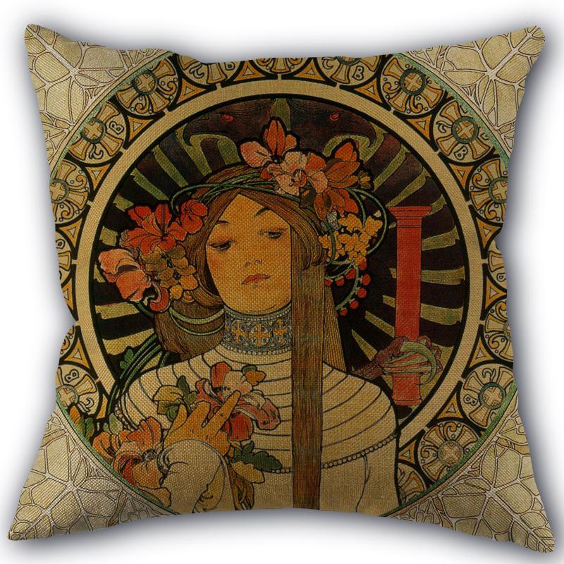 Custom Alphonse Mucha Art Pillowcase Cotton Linen Fabric Square Zipper Pillowcase 45X45 Wedding Decorative Pillow Cover
