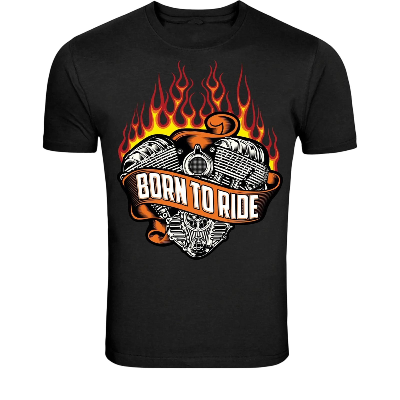 Born To Ride Motorcycle T-Shirt - Flaming Engine Biker Graphic 2XL