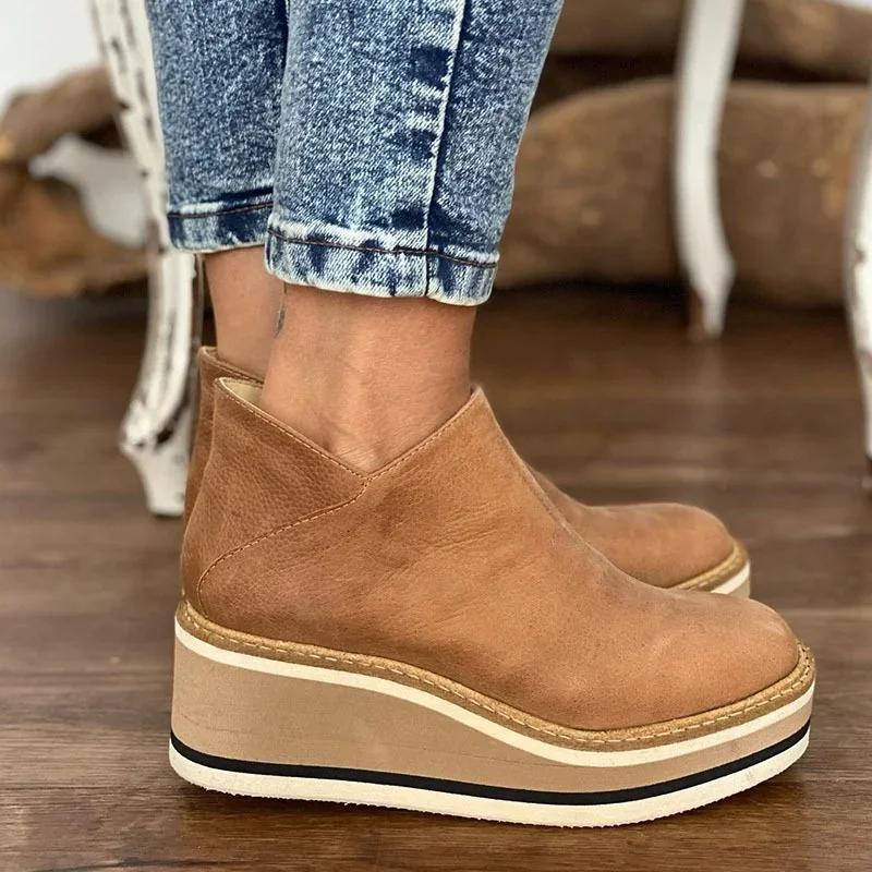 Fashion Fashion Women Short Boots Round Toe High Top Platform Wedges Retro Booties Soft Leather Zipper Comfortable Ankle Boots for Woman