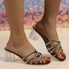 Thick heel cool slippers foreign trade European and American middle heel fashion shoes square head rhinestone women's shoes transparent high heel slip