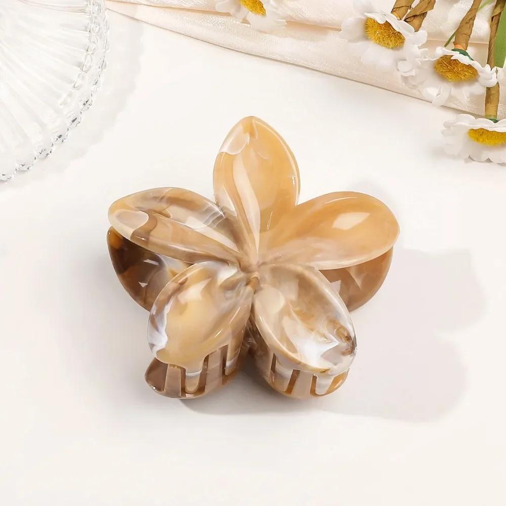 8cm Marble Pattern Frangipani Flower Hair Claw for Women Handmade Dyeing Design Acrylic Large Shark Clips Vacation Accessories