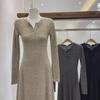Women's Slim Fit French-Style Knit Dress - Waist-Hugging, Half-Open Collar, Solid Color, Autumn/Winter.