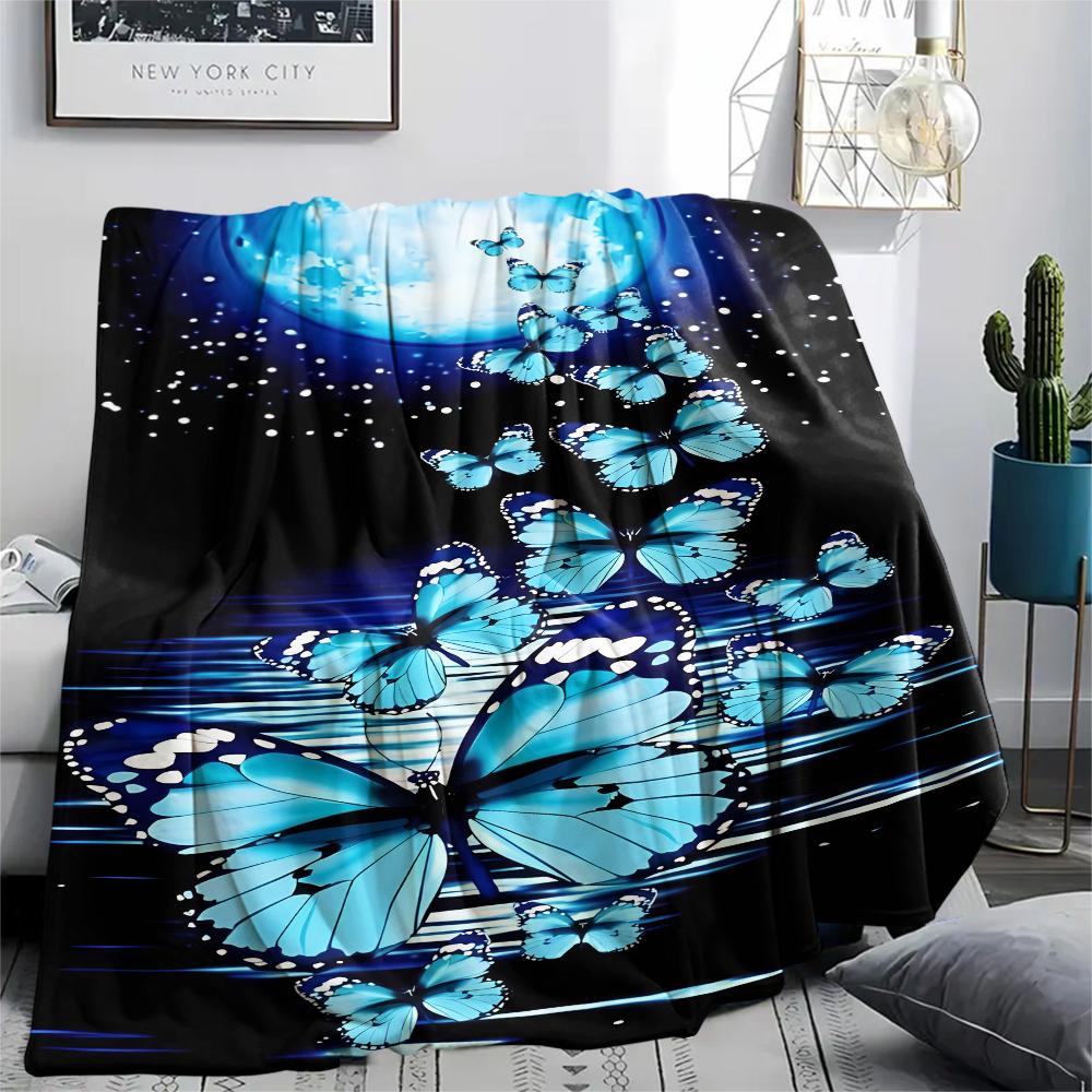1Pc Blue Butterflies Print Flannel Blanket, High Quality Comfortable for All Seasons, Home Decor, Warmth and Comfort, Perfect for Christmas Gifts