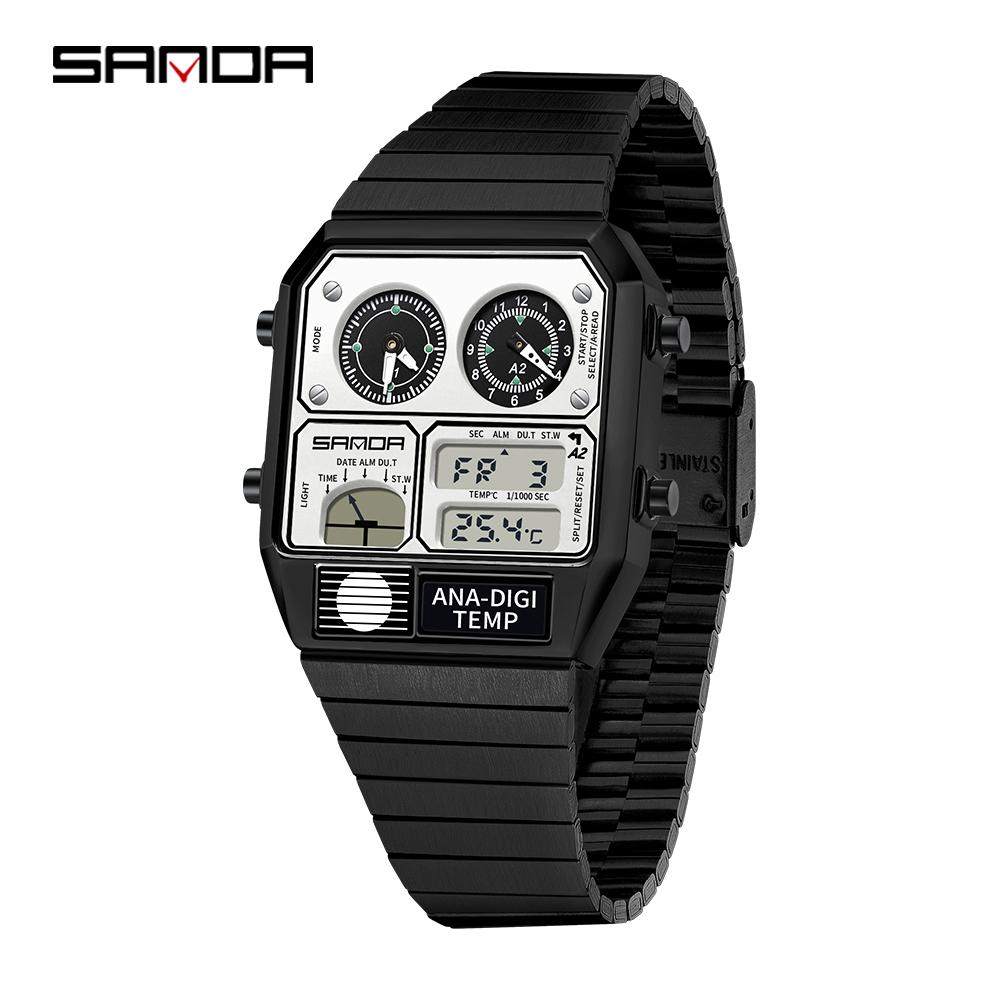 SANDA Electronic Watch Men Square Steel Band Digital Wristwatch Temperature Measurement Stopwatch Timing Multifunctional Watch