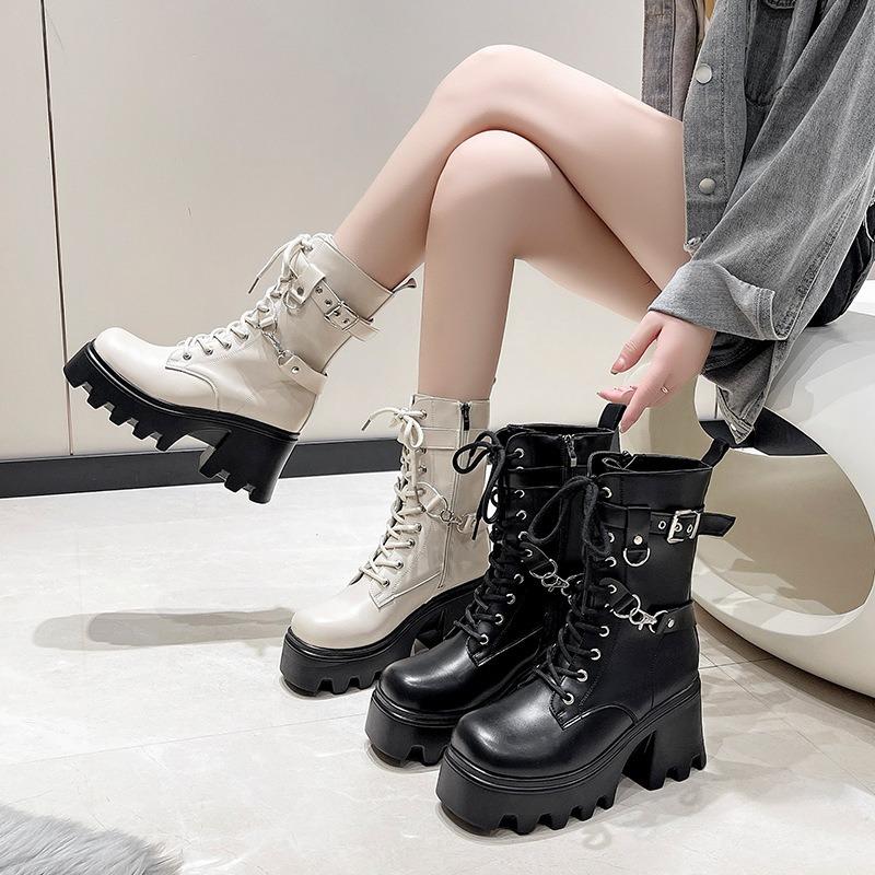 Fashion Large Size 35-42 Women's New Soft Bottom Motorcycle Boots Women Platform Knight Short Boots Lace-up Fad Ankle Boots Botas Mujer