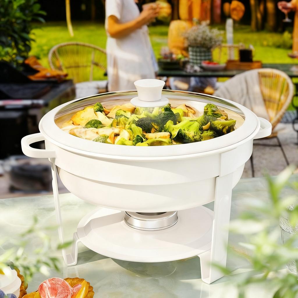 White Chafing Dishes for Buffet with Glass Lid (5QT, 1-2-4Pack), Stackable, Lid Holder for Party, Wedding