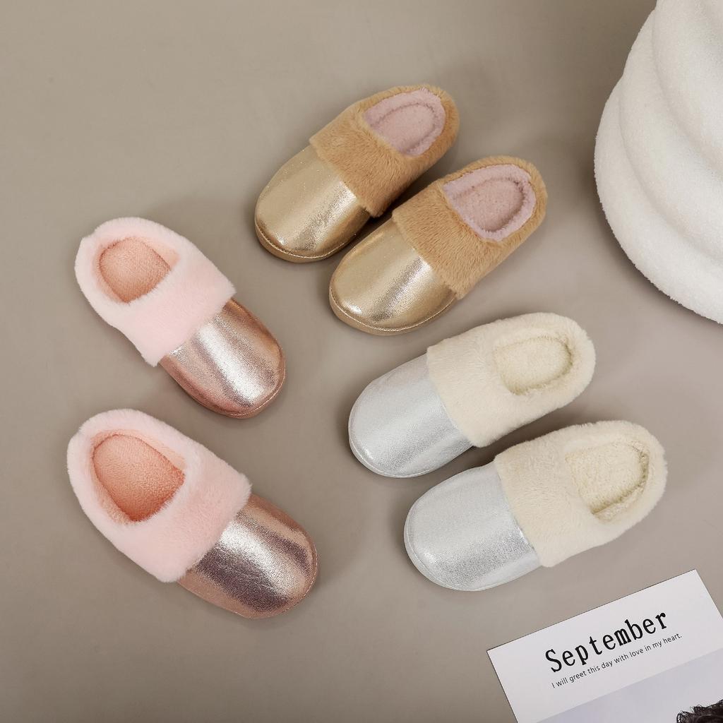 Imitation Fur Shiny Leather Cotton Slippers for Men and Women In Autumn and Winter, Anti Slip, Warm and Thick Fur Confinement Shoes, Bedroom Slippers
