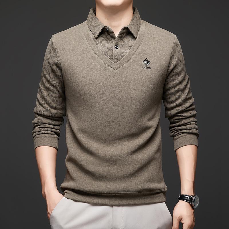 Men's Two-Piece Base Layer Long Sleeve Polo Shirt - Thickened Knit with Velvet, Wool Lapel, Casual Style for Middle-Aged.