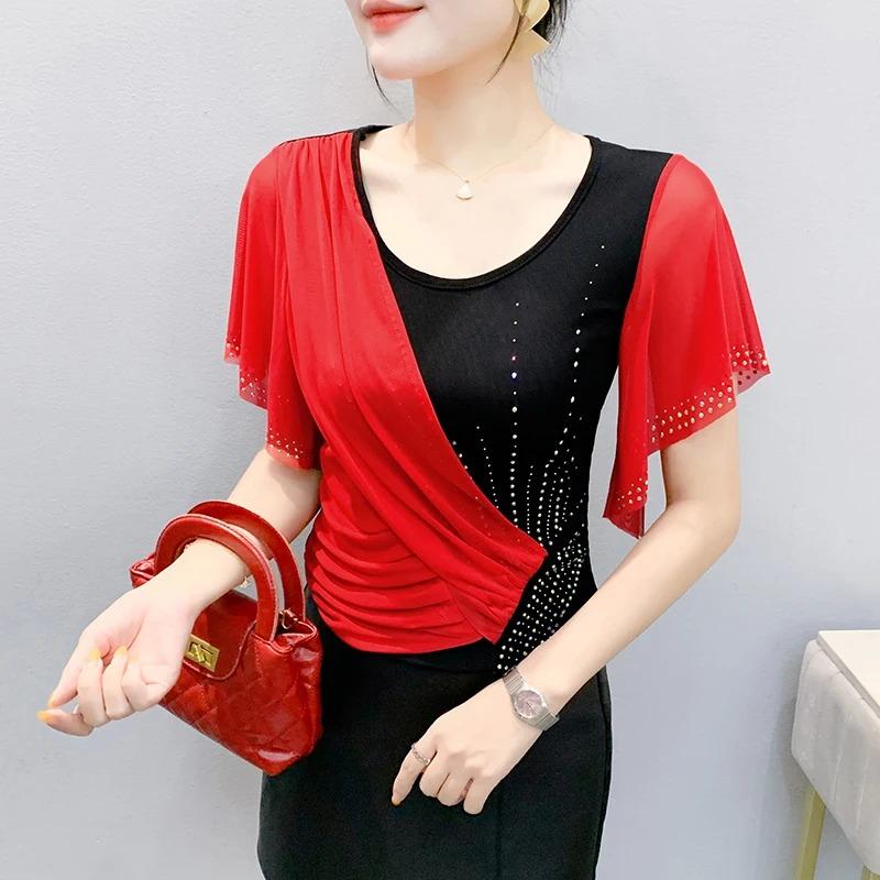 Summer Women's Mesh Color Block Design Lace Trim Rhinestone DetailsTrendy Short Sleeve T Shirts
