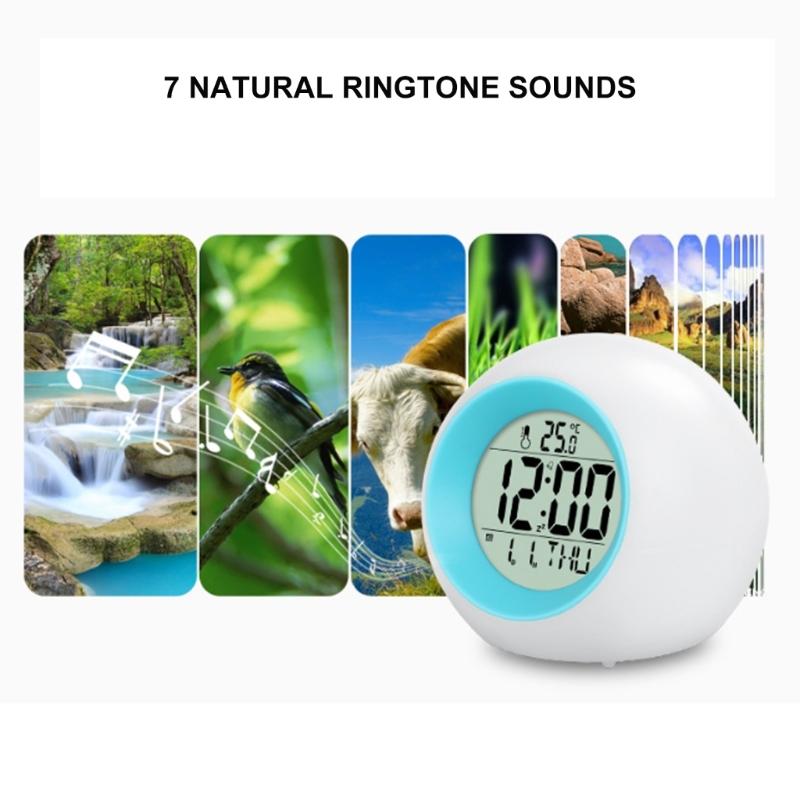 Multicolor LED Nightlight Alarm Clock with Calendar Temperature Display Battery Operated Round Shape Bedroom Essential