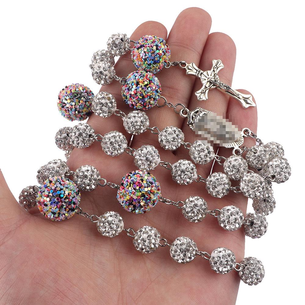 European & American Women's Six-Layer Rosary Necklace with Diamond-Studded Soft Clay Beads